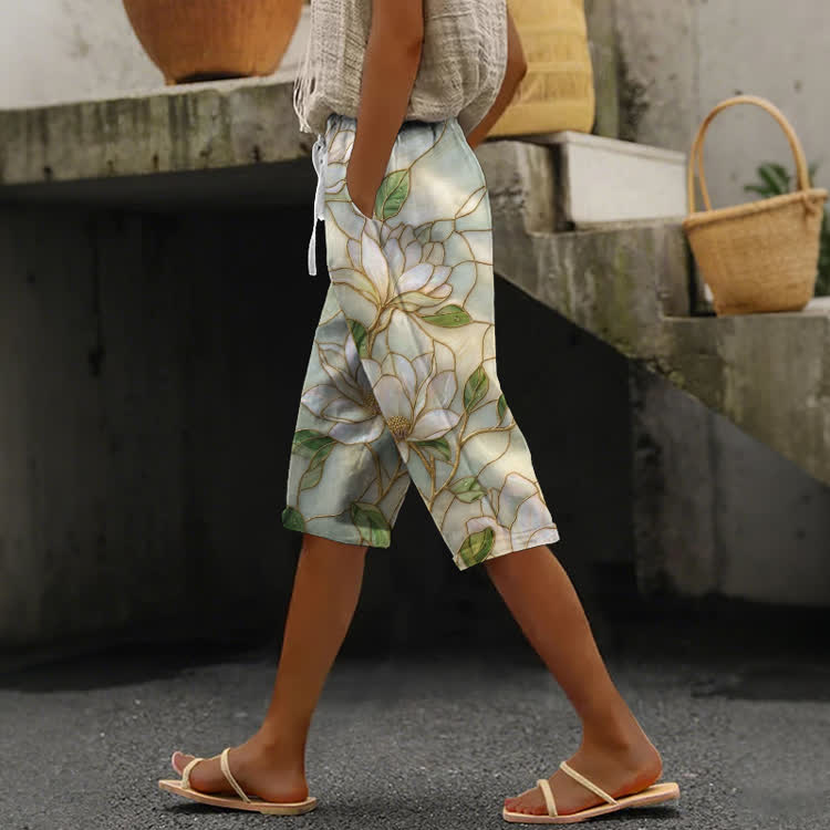 Lotus Stained Glass Pattern Print Casual Pocket Mid Short Pants  - Light Green - US 24 (4XL) - image 1
