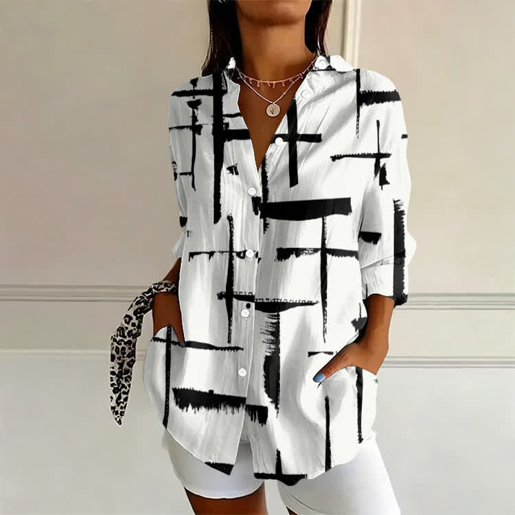 Black Brush Stroke Cross Abstract Print Long Sleeve Blouse - White - 4XL - image 1