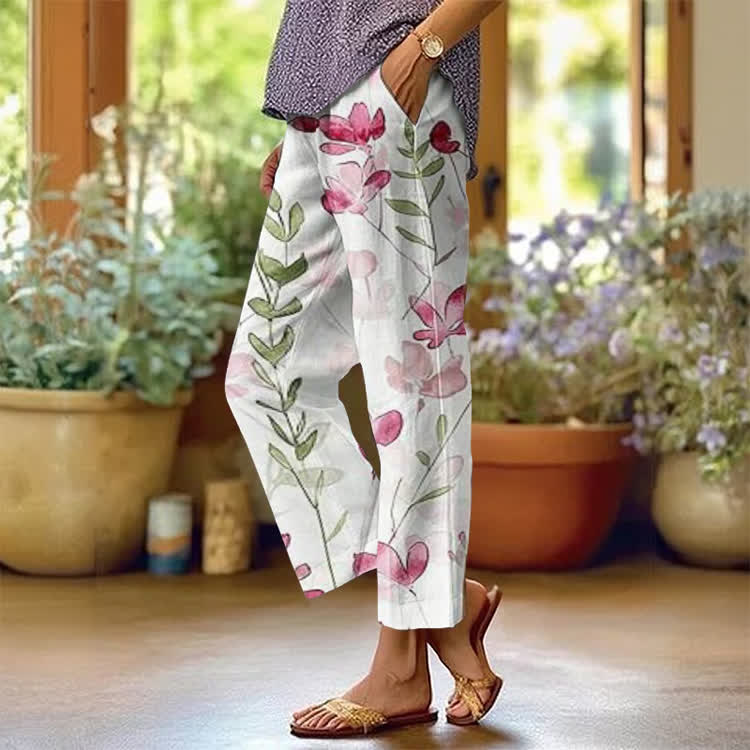 Serene Watercolor Wildflowers Pattern Print Casual Pocket Pants  - White - US 20 (5XL) - image 1