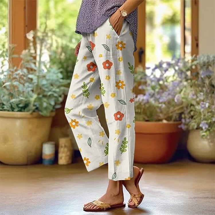Childlike Crayon Flower Drawings Pattern Print Casual Pocket Pants  - White - US 20 (5XL) - image 1