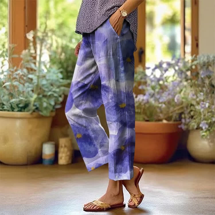 Elegant Large Watercolor Flowers Pattern Print Casual Pocket Pants  - Purple - US 20 (5XL) - image 1