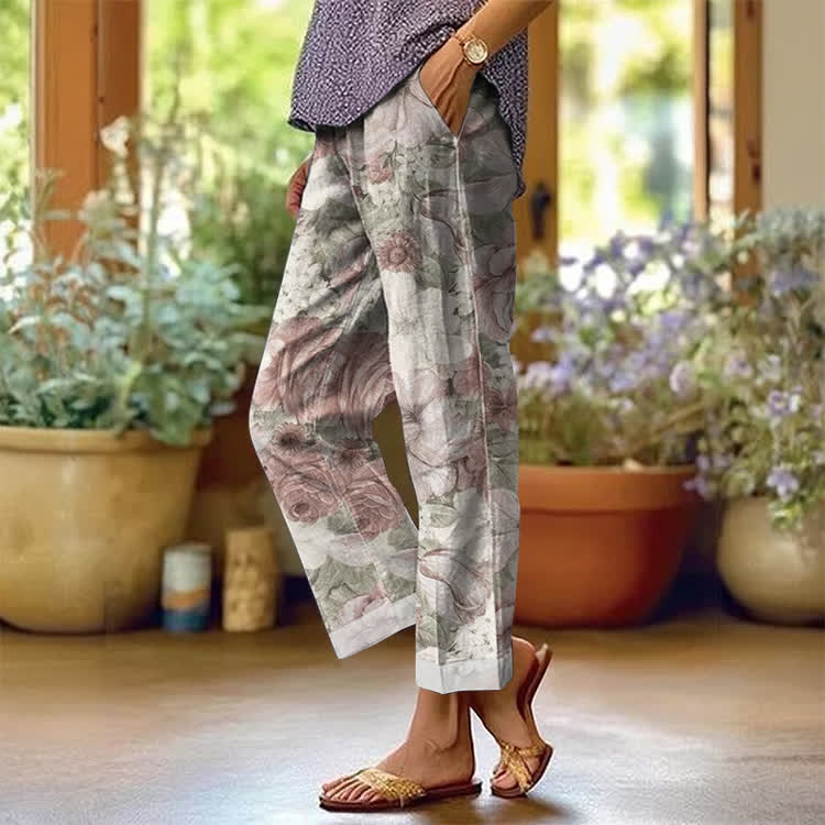 Vintage Rococo Roses Pattern Print Casual Pocket Pants  - White - US 20 (5XL) - image 1