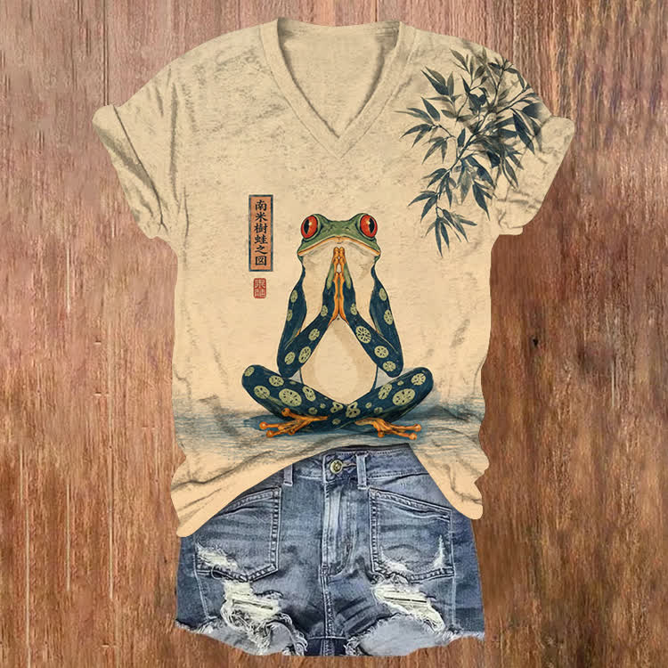 Japanese Yoga Frog Pattern Print Short Sleeved V-Neck T-Shirt - Apricot - US32-34(5XL) - image 1