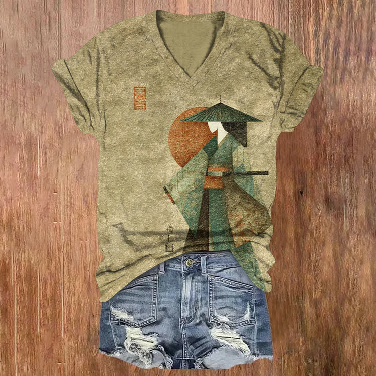 Japanese Warrior Samurai Pattern Print Short Sleeved V-Neck T-Shirt - Olive Green - US32-34(5XL) - image 1