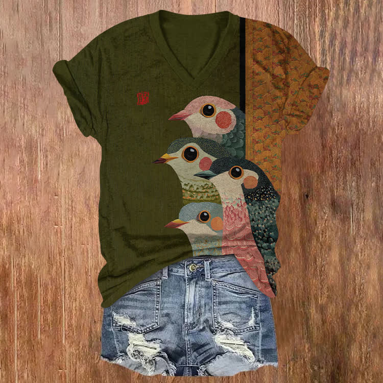 Japanese Retro Rainbow Birds Pattern Print Short Sleeved V-Neck T-Shirt - Dark Green - US32-34(5XL) - image 1