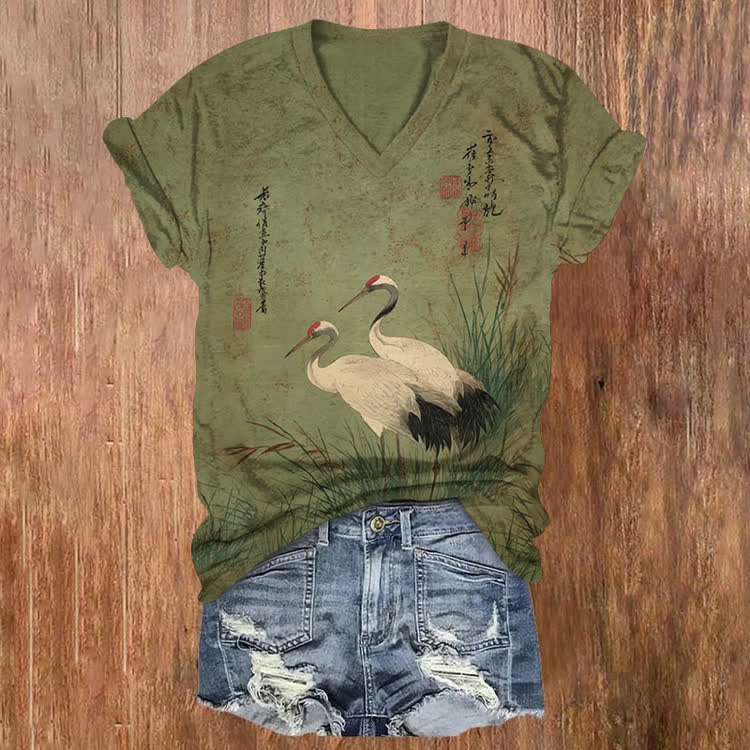 Japanese Retro Red-Crowned Crane Pattern Print Short Sleeved V-Neck T-Shirt - Green - US32-34(5XL) - image 1