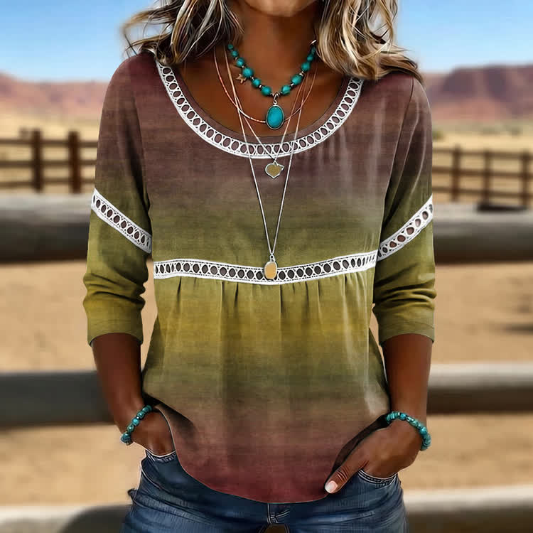 Boho Distressed Gradient Texture Pattern Print Openwork Lace Splicing Round Neck Half Sleeve Blouse - Khaki - 4XL - image 1