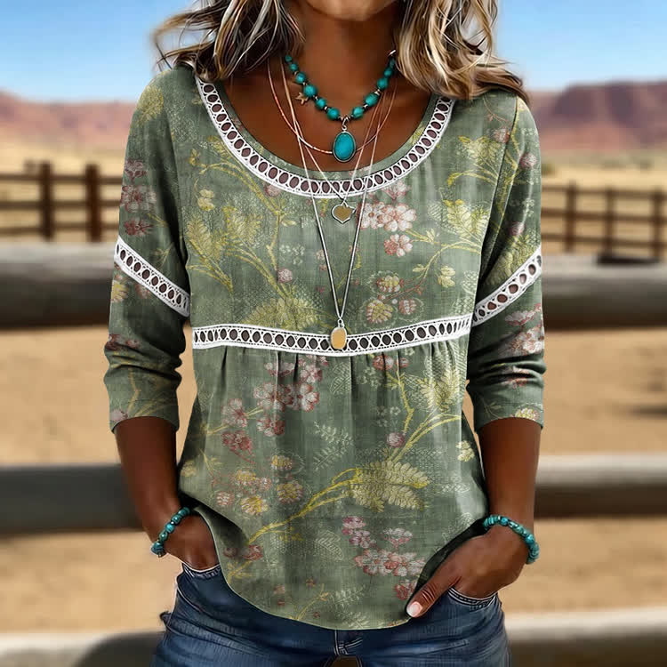 Boho Cliffside Flowers Pattern Print Openwork Lace Splicing Round Neck Half Sleeve Blouse - Light Green - 4XL - image 1