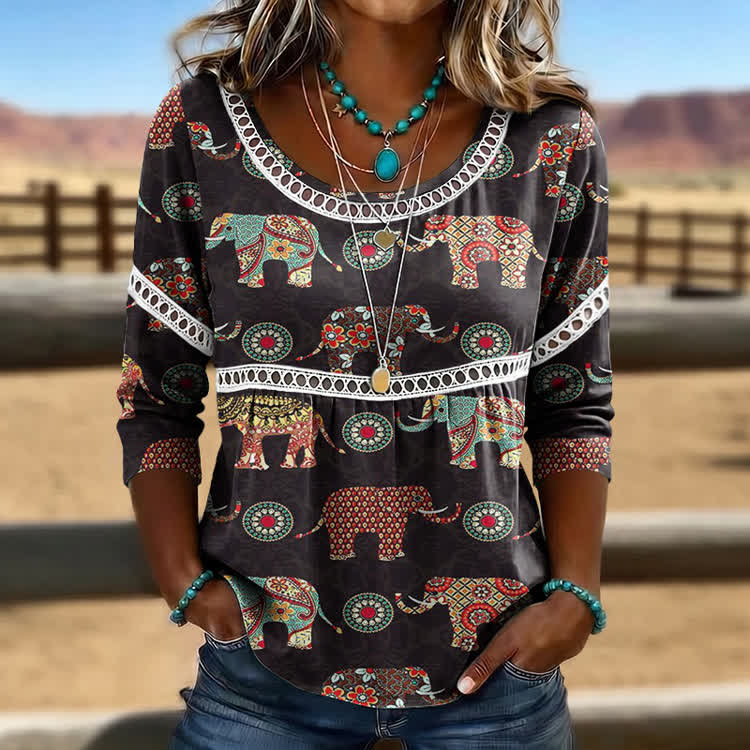 Boho Psychedelic Elephants Pattern Print Openwork Lace Splicing Round Neck Half Sleeve Blouse - Black - 4XL - image 1