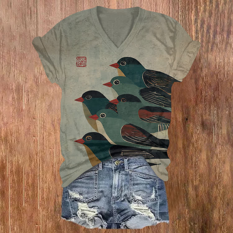 Japanese Vintage Bird Print V Neck T-Shirt - Light Green - US32-34(5XL) - image 1