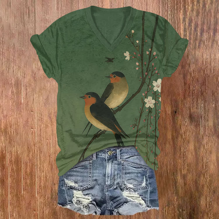 Retro Green Bird Branch Print V-Neck T-Shirt - Green - US32-34(5XL) - image 1