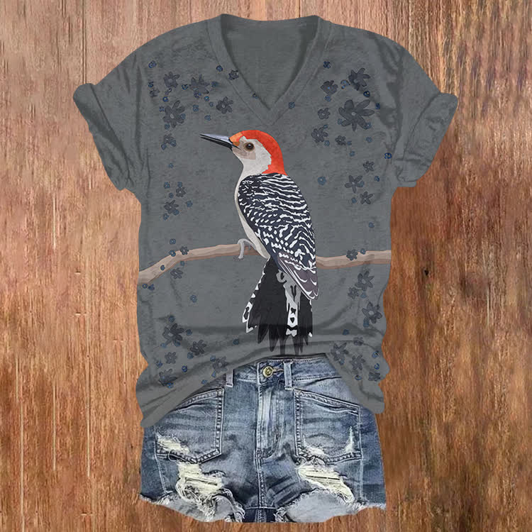 Artistic Bird and Bloom Graphic T- Shirt - Grey - US32-34(5XL) - image 1