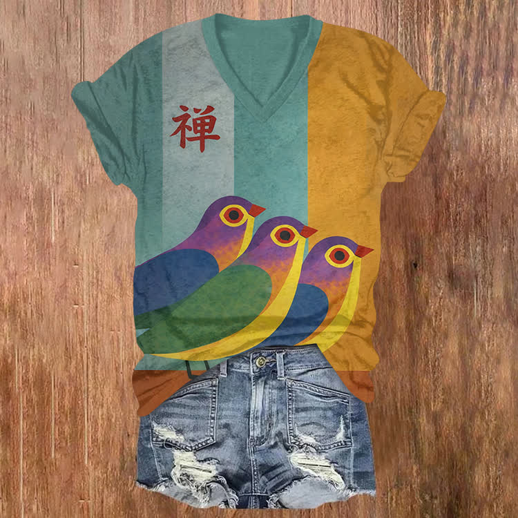 Vintage Colorblock Bird Print V-Neck T-Shirt - Blue - US32-34(5XL) - image 1