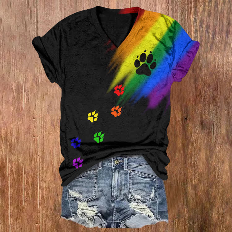 Rainbow Paws Pattern Print Short Sleeved V-Neck T-Shirt - Black - US32-34(5XL) - image 1