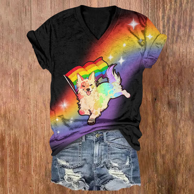 Rainbow Puppy Pattern Print Short Sleeved V-Neck T-Shirt - Black - US32-34(5XL) - image 1