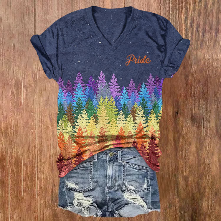 Rainbow Forest Pride Pattern Print Short Sleeved V-Neck T-Shirt - Blue - US32-34(5XL) - image 1