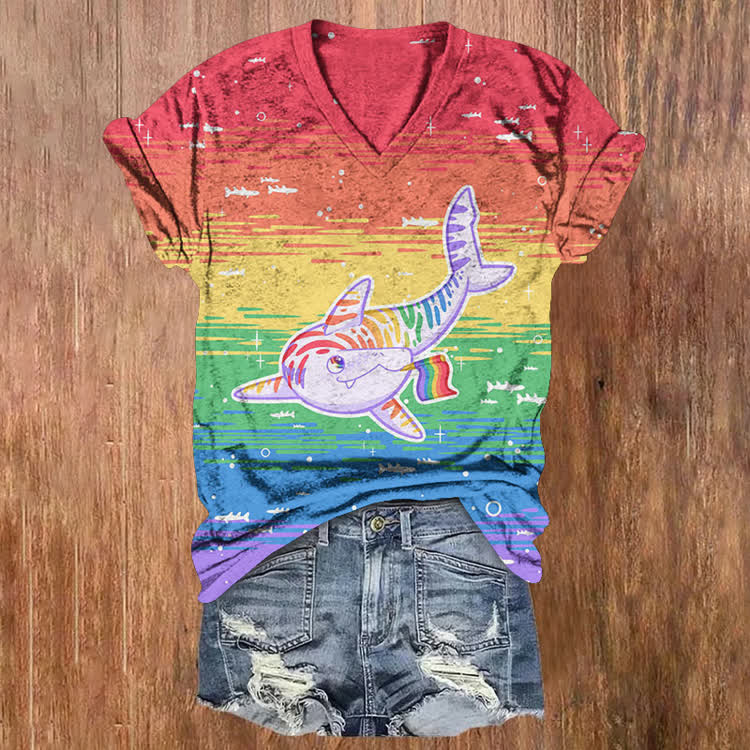 Rainbow Shark Pattern Print Short Sleeved V-Neck T-Shirt - Multicolor - US32-34(5XL) - image 1