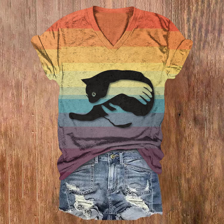 Rainbow-Striped Cat Hug Pattern Print Short Sleeved V-Neck T-Shirt - Black - US32-34(5XL) - image 1