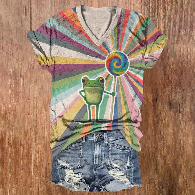 Rainbow Lollipops And Frog Pattern Print Short Sleeved V-Neck T-Shirt - Apricot - US32-34(5XL) - image 1