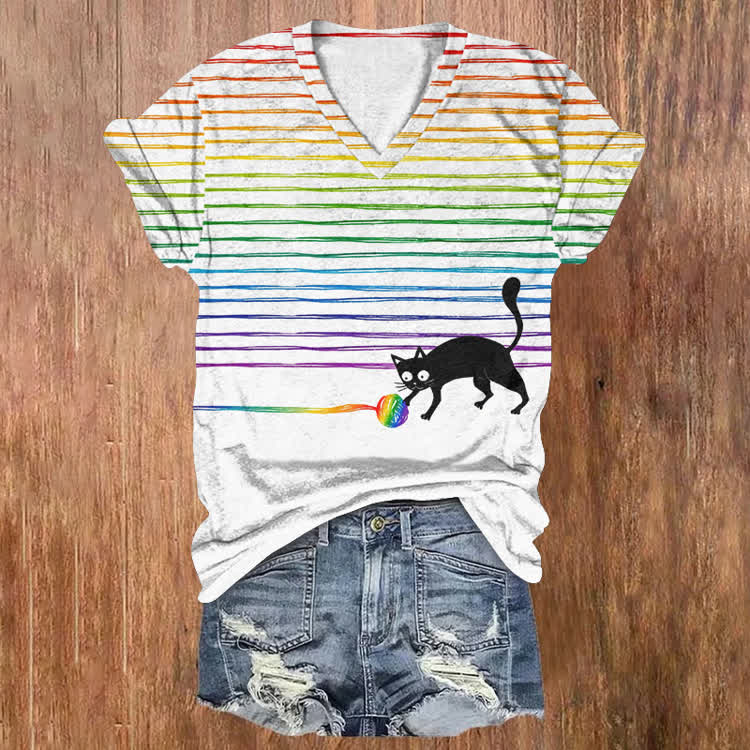 Rainbow Yarn And Kitty Pattern Print Short Sleeved V-Neck T-Shirt - White - US32-34(5XL) - image 1