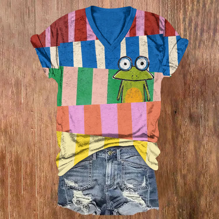 Rainbow-Striped Patchwork And A Frog Pattern Print Short Sleeved V-Neck T-Shirt - Blue - US32-34(5XL) - image 1