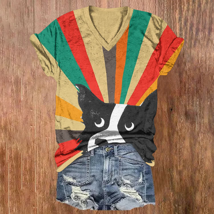 Puppy's Rainbow Ideas Pattern Print Short Sleeved V-Neck T-Shirt - Khaki - US32-34(5XL) - image 1