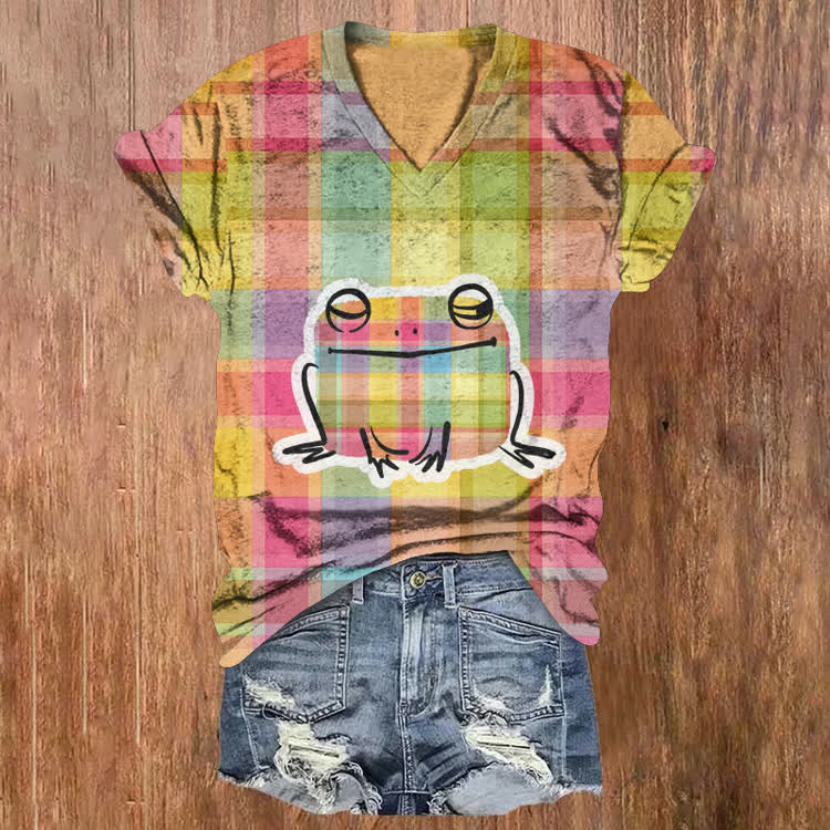 Rainbow Plaid Froggy Pattern Print Short Sleeved V-Neck T-Shirt - Yellow - US32-34(5XL) - image 1