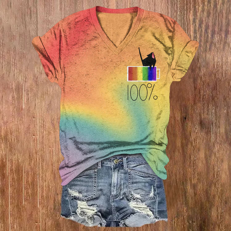 Rainbow Energy: 100% Pattern Print Short Sleeved V-Neck T-Shirt - Black - US32-34(5XL) - image 1