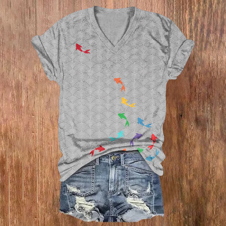 Rainbow Fishes Pattern Print Short Sleeved V-Neck T-Shirt - Grey - US32-34(5XL) - image 1
