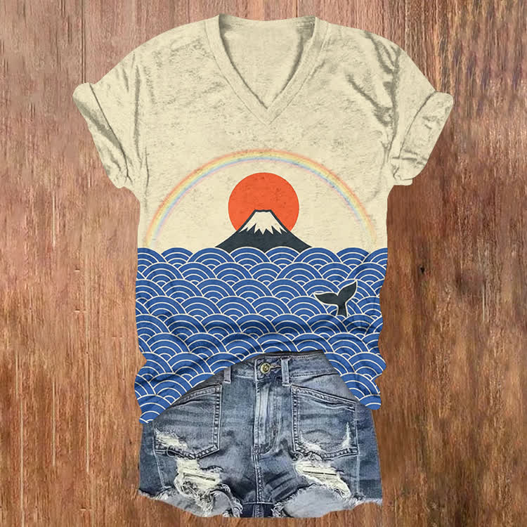 Rainbow Mount Fuji And Whale Pattern Print Short Sleeved V-Neck T-Shirt - Apricot - US32-34(5XL) - image 1