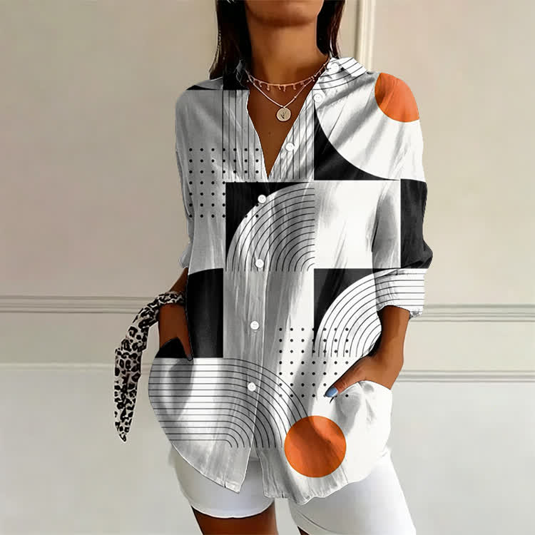 Geometric Patchwork Striped Print Long Sleeve Blouse - White - 4XL - image 1