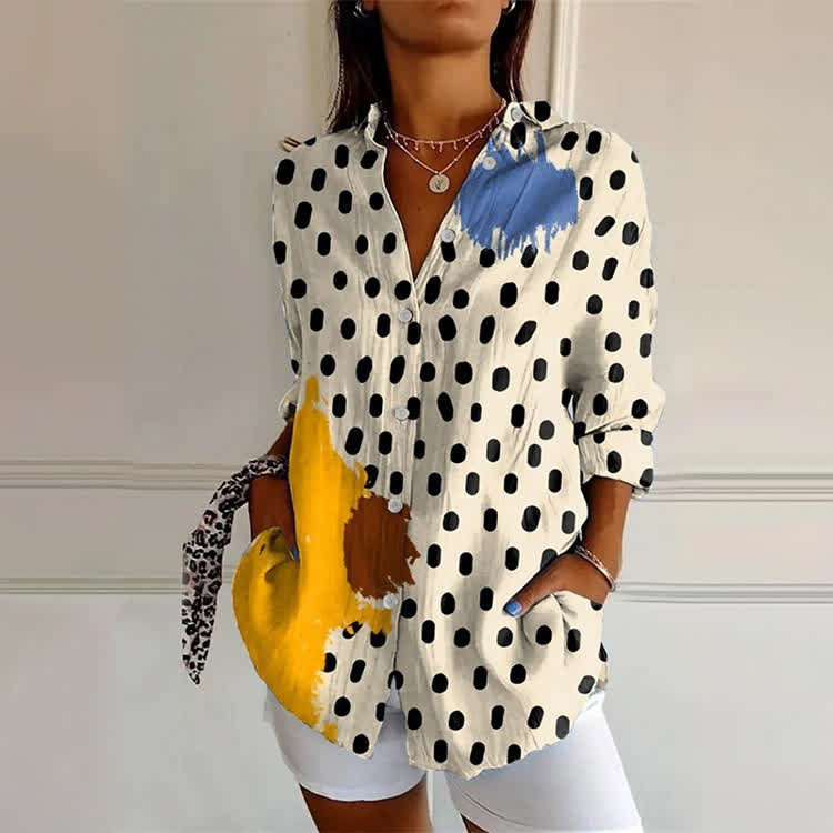 Minimalist Contrasting Polka Dots Pattern Print Long Sleeve Blouse - Apricot - 4XL - image 1