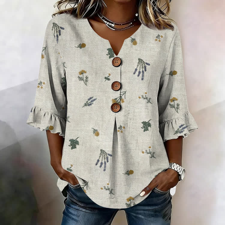 Romantic Wildflower Texture Pattern Print Button V-Neck Blouse With Ruffle Sleeves - Light Green - US32-34(5XL) - image 1