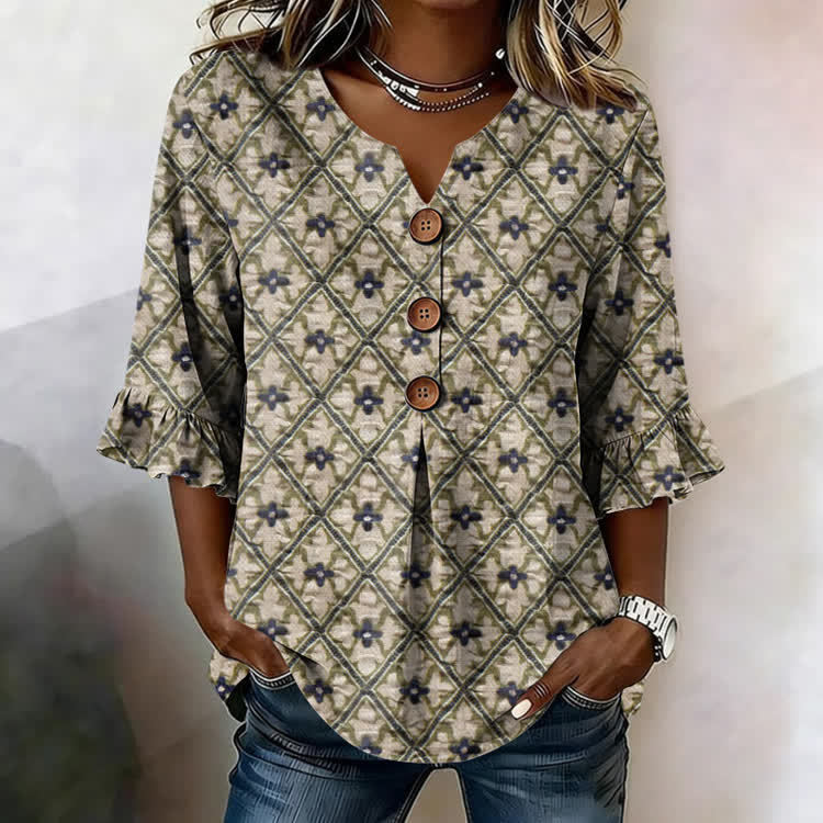 Vintage Diamond Floral Texture Pattern Print Button V-Neck Blouse With Ruffle Sleeves - Khaki - US32-34(5XL) - image 1