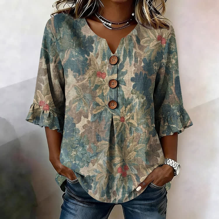 Vintage Nostalgic Florals Texture Pattern Print Button V-Neck Blouse With Ruffle Sleeves - Dark Green - US32-34(5XL) - image 1