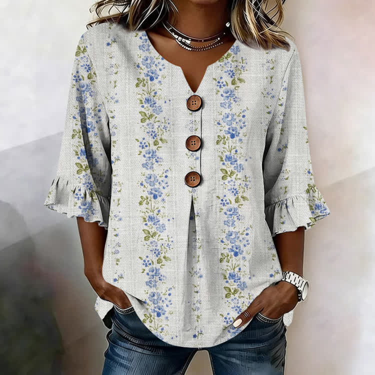Vintage Watercolor Floral Vines Texture Pattern Print Button V-Neck Blouse With Ruffle Sleeves - Light Blue - US32-34(5XL) - image 1