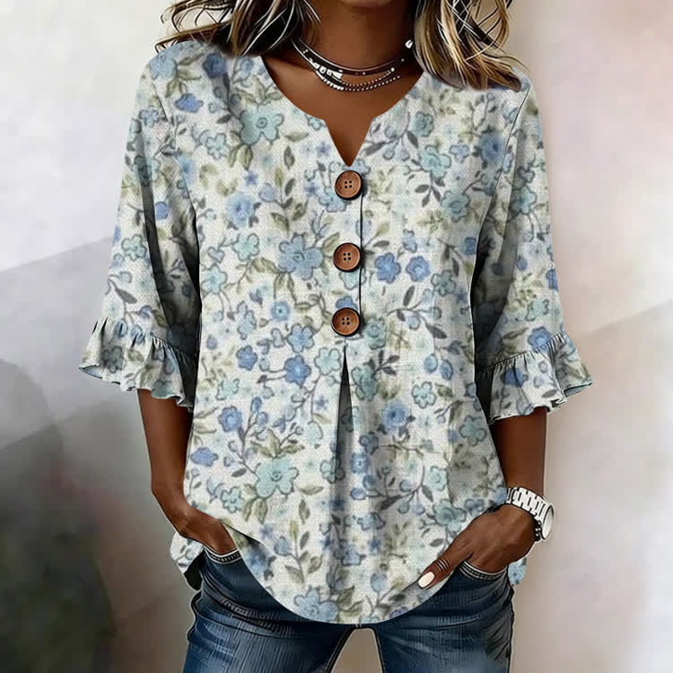  Pastoral Floral Texture Pattern Print Button V-Neck Blouse With Ruffle Sleeves - Blue - US32-34(5XL) - image 1