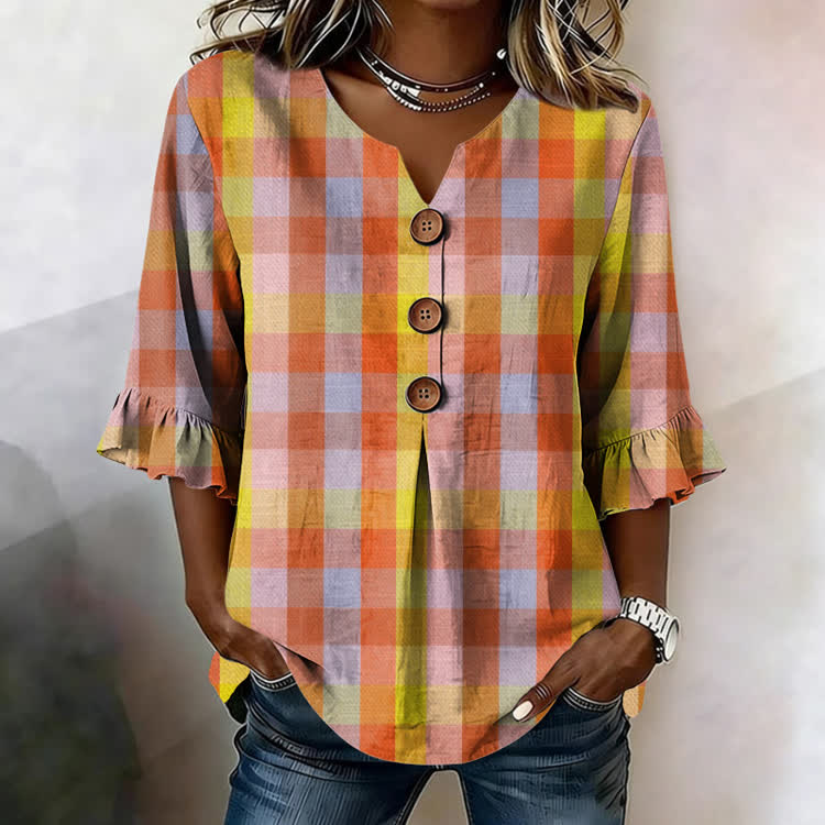 Vibrant Colorful Plaid Texture Pattern Print Button V-Neck Blouse With Ruffle Sleeves - Yellow - US32-34(5XL) - image 1
