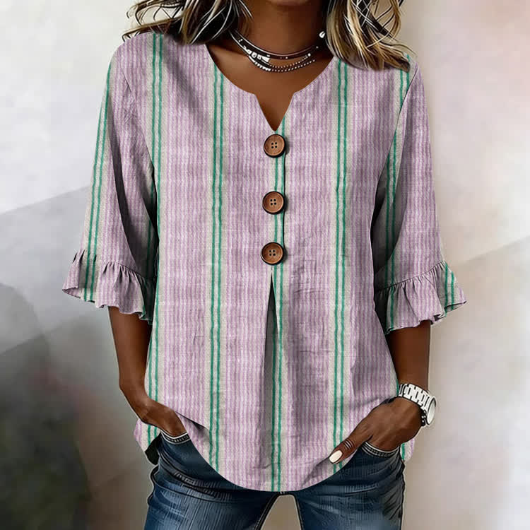 Vacation Color-Block Stripes Texture Pattern Print Button V-Neck Blouse With Ruffle Sleeves - Purple - US32-34(5XL) - image 1