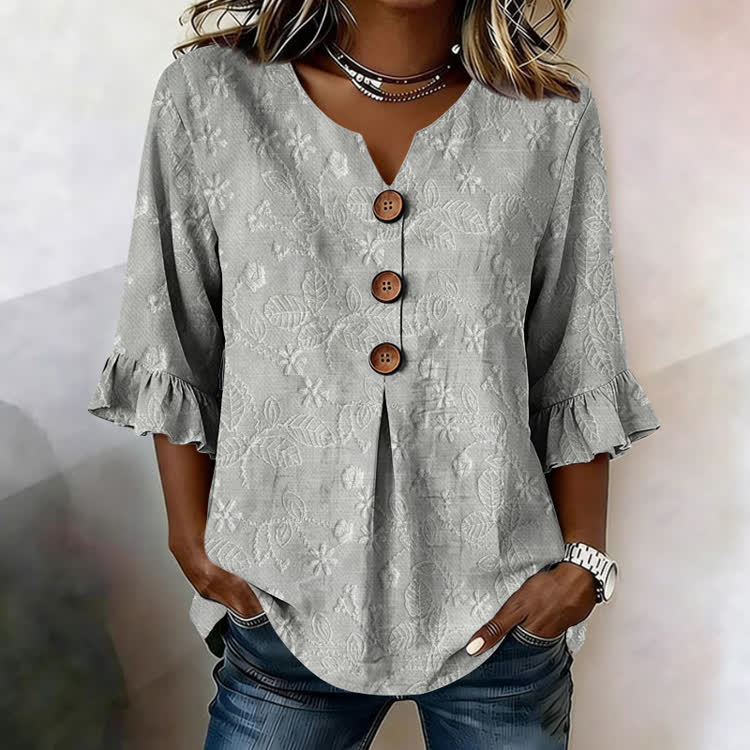 Floral Embossed Texture Texture Pattern Print Button V-Neck Blouse With Ruffle Sleeves - Light Gray - US32-34(5XL) - image 1