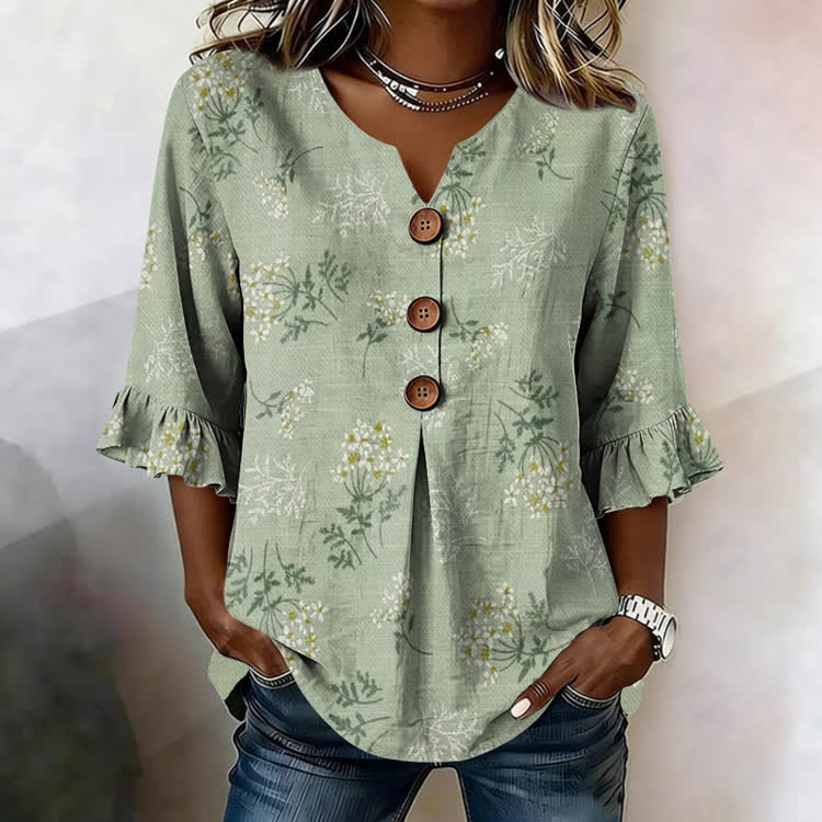 Soft Florals Texture Pattern Print Button V-Neck Blouse With Ruffle Sleeves - Green - US32-34(5XL) - image 1