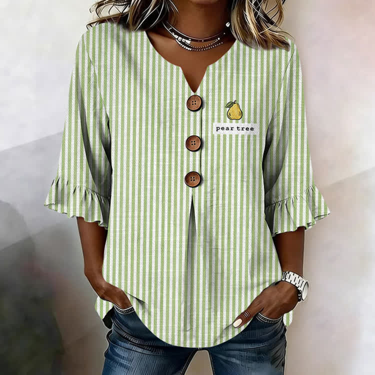 Pear Tree Stripe Texture Pattern Print Button V-Neck Blouse With Ruffle Sleeves - Light Green - US32-34(5XL) - image 1