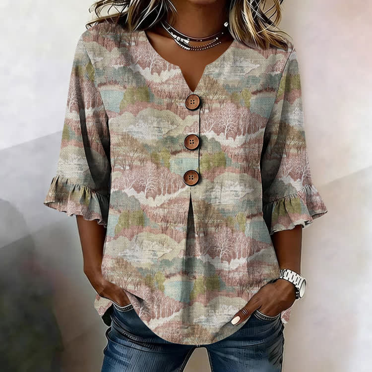 Natural Mountains And Forests Texture Pattern Print Button V-Neck Blouse With Ruffle Sleeves - Khaki - US32-34(5XL) - image 1