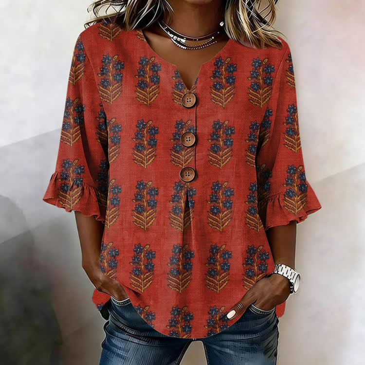 Ethnic Bouquet Texture Pattern Print Button V-Neck Blouse With Ruffle Sleeves - Red - US32-34(5XL) - image 1