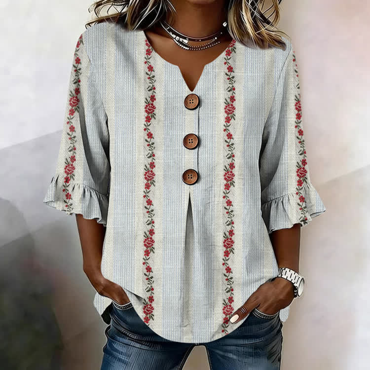 Small Rose Stripes Texture Pattern Print Button V-Neck Blouse With Ruffle Sleeves - Light Blue - US32-34(5XL) - image 1