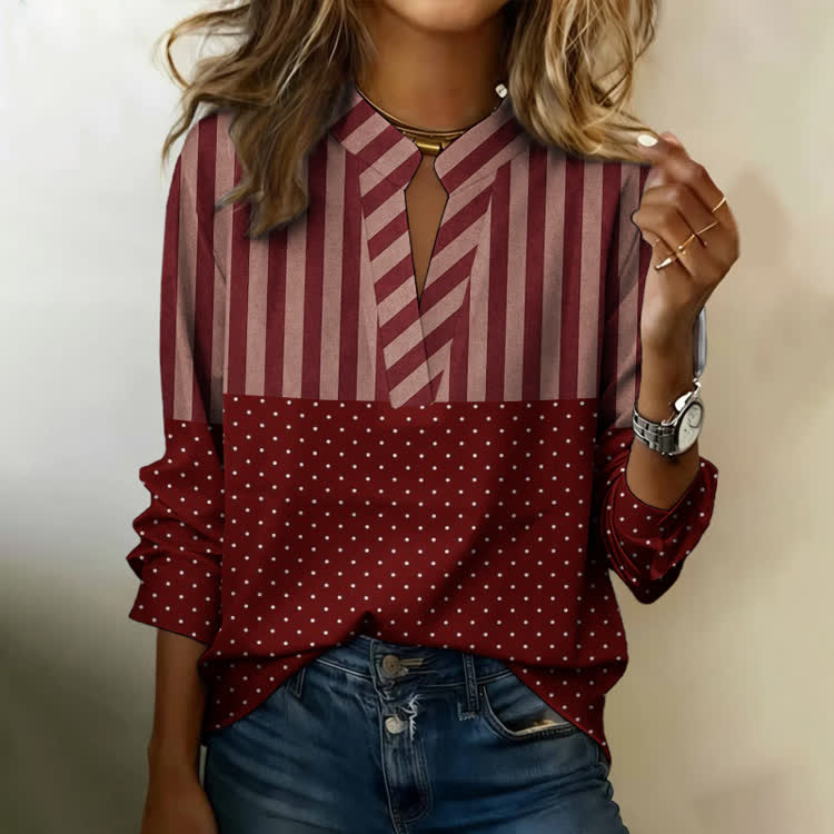 Modern Retro Stripes and Polka Dots Pattern Print Notch-collar Long-sleeve Blouse - Wine - US 18-20 (4XL) - image 1