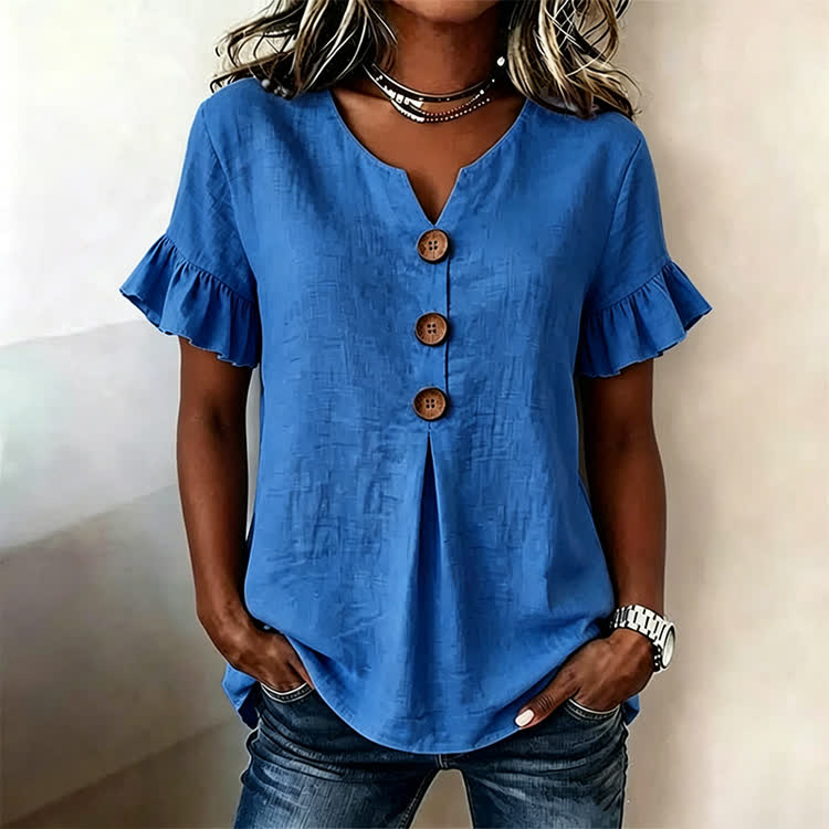 Solid Button Short Ruffle Sleeves V-neck Blouse - Blue - US32-34(5XL) - image 1