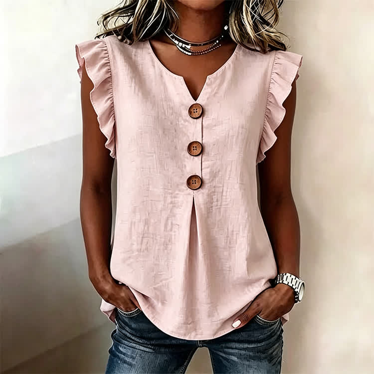 Solid Button Ruffle Sleevesless V-neck Top Blouse - Pink - US32-34(5XL) - image 1