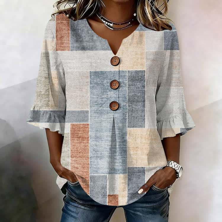 Colorblock Plaid V Neck Print 3/4 Sleeve Casual Blouse - Multicolor - US32-34(5XL) - image 1