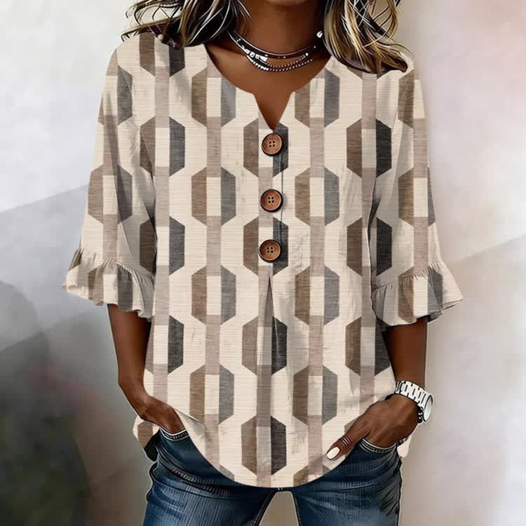 Retro Geometric Print V-Neck Button Front  Ruffle Sleeve Blouse - Apricot - US32-34(5XL) - image 1